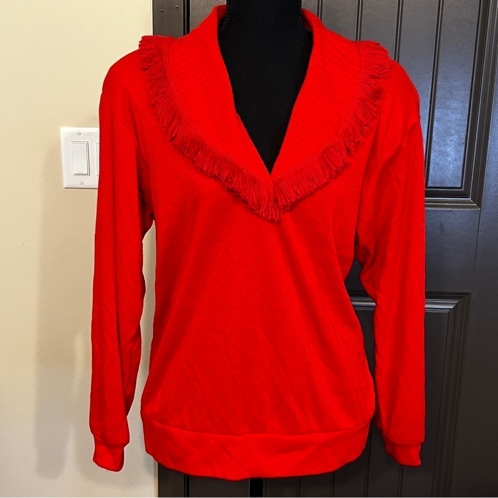 VINTAGE Red Fringed V-Neck, Size Large